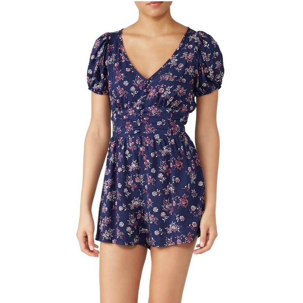 Louna Navy‎ Blue Floral Puff Sleeve Romper Size Large
